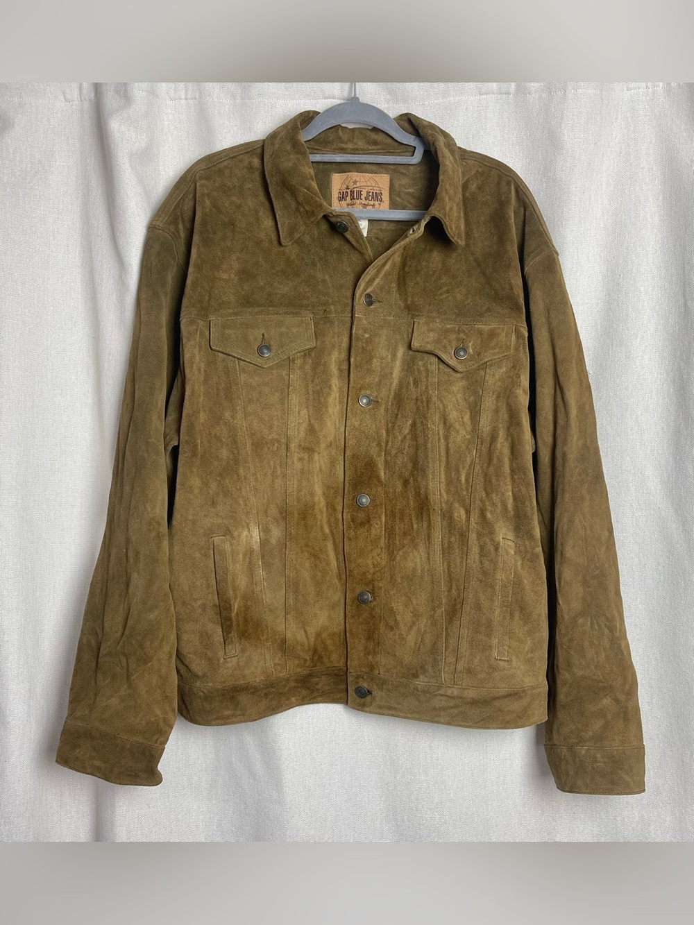 Vtg GAP Blue Jeans Y2K Suede Trucker Jacket Mens XXL Brown Cow Split Leather